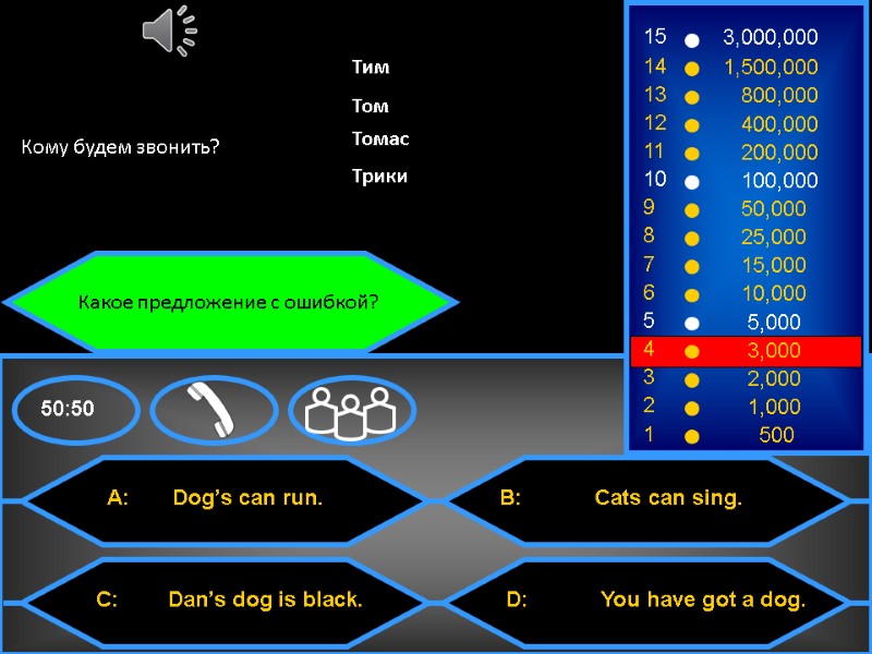 Какое предложение с ошибкой?  Кому будем звонить? Тим Том Томас Трики